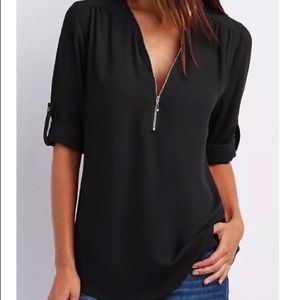 Chiffon loose v neck zipper blouse